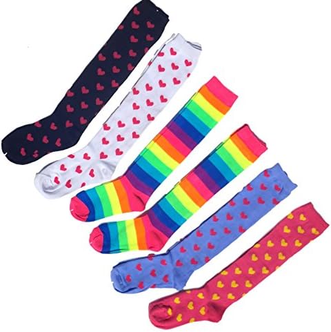 Best 6 Pack Heart Shaped &amp; Neon Rainbow Stripes Stripped Knee High Socks FashionNut Unique Fun Silly Inexpensive Valentines Day Gift Idea Teen Girl Women Girlfriend