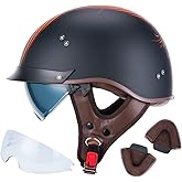 VCOROS Half Helmet Motorcycle F07 Open Face DOT Approved Helmet | Retro cruiser style, ABS shell and EPS, drop-down sun visor, removable washable liner, quick release buckle for men and women