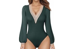 Dokotoo Women's Summer Tops Lace V Neck Stretch Puff Long Sleeves Dressy Pullover Fashion Shirts Bodysuit Blouses