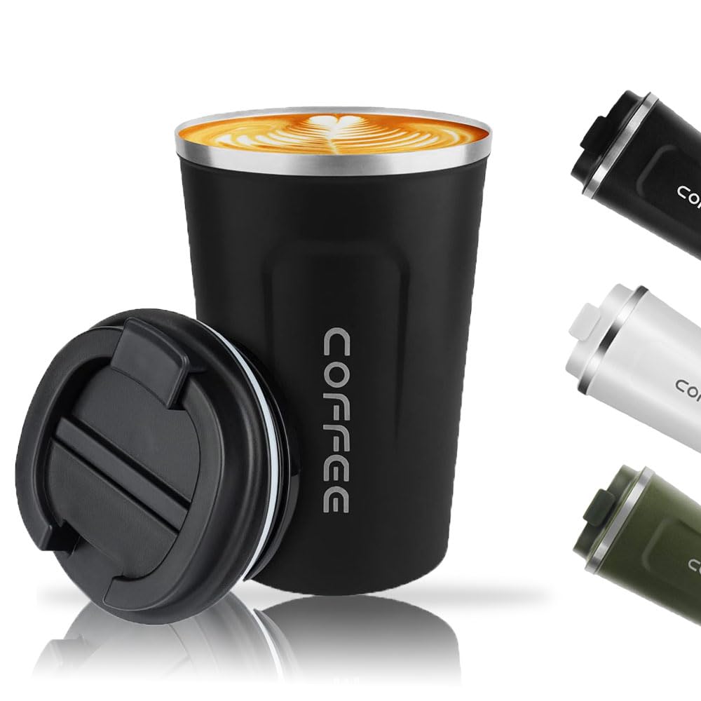 Basuit Stainless Steel Travel Mug, 380 ML, Black, Leakproof, Double Walled, Insulated, Reusable, Cylindrical Mug, 3.8E+2 ML, 14.5 cm x 5.7 inches