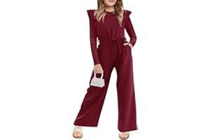Haloumoning Girls Jumpsuit Kids Fashion Ruffle Long Sleeve Belted Wide Leg Romper One Piece Fall Outfits 5-14 Years