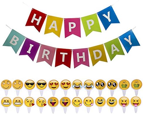 Aresmer Happy Birthday Banner Colorful with 24 Pcs Emoji Cupcake Toppers for Birthday Party Decorations