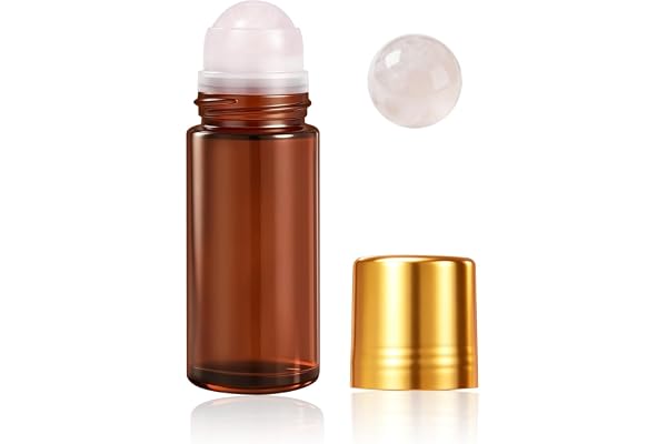 Rose Quartz Refillable Roller Ball Applicator for Essential Oils 50ml, Amber Glass Roll on Bottle, Leak-Proof Oil Roller Bott