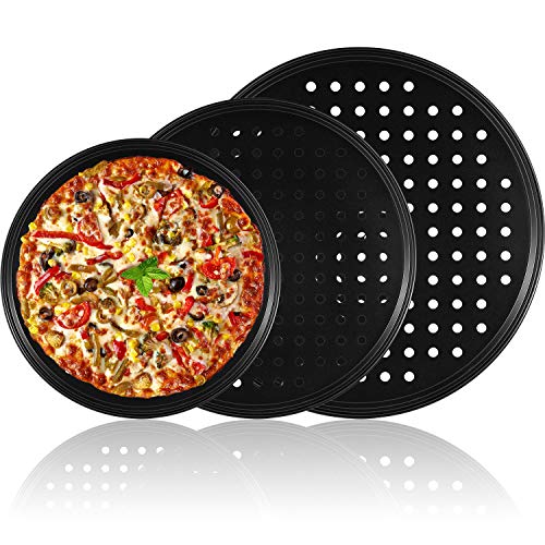 3 Pieces Pizza Crisper Pan Carbon Steel Pizza Pan NonStick Round Pizza Tray with Holes for Home