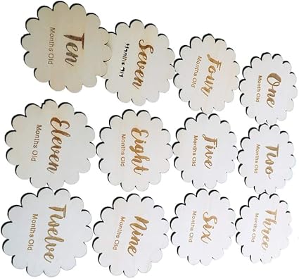 Amazon Hakka 12pcs赤ちゃん月間記憶写真カード木製刻印ディスク新生児写真小道具シャワーレジストリギフトステッカーレース英語の手紙 ベビー マタニティ ベビー マタニティ 通販