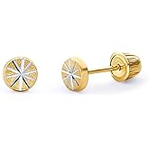 14k Yellow Gold Diamond Cut Circle Stud Earrings with Screw Back