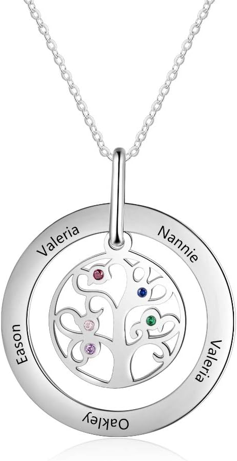 KaululuPersonalised Womens Tree of Life Necklace with Engraved Family Names Simulated Birthstones BFF 925 Sterling Silver Pendant for Mother Grandma Birthday Jewellery for Mama