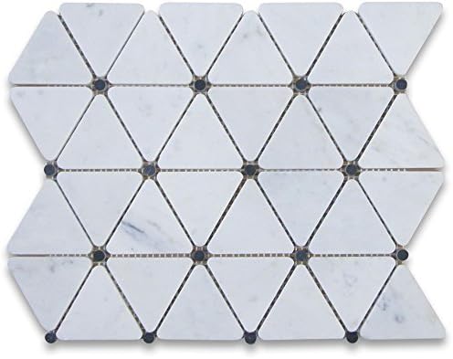 Stone Center Online Carrara White Marble 2-3/4 inch Triangle Mosaic Tile w/Nero Marquina Black Round Dots Honed Kitchen Bath Wall Floor Backsplash Shower (1 Sheet)
