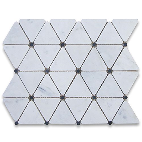 Stone Center Online Carrara White Marble 2-3/4 inch Triangle Mosaic Tile w/Nero Marquina Black Round Dots Honed Kitchen Bath Wall Floor Backsplash Shower (1 Sheet)