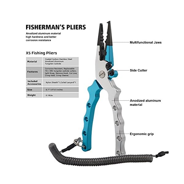 Booms-Fishing-X5-Aluminum-Fishing-Pliers-Resistant-Saltwater-for-Cutting-Braid-Line-and-Remove-Hooks-with-Coiled-Lanyard-and-Belt-Holder-Sheath