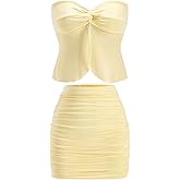 winkbay Women's 2 Piece Party Club Outfits Twist Front Strapless Tube Top and Ruched Mini Skirt Set
