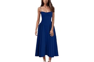 WJDNHKYD Corset Midi Dress Spaghetti Strap Bustier Midi Dress Flowy Pleated Hem Low Cut Prom Dresses with Pockets