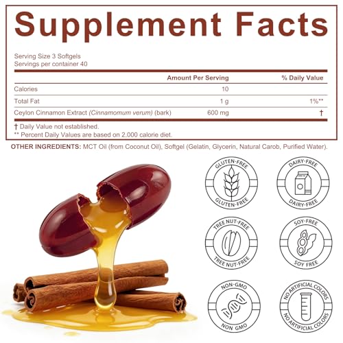 Ceylon Cinnamon Softgels with MCT Oil – Premium Botanical Bark Extract for Daily Wellness Support – High Absorption Formula – Non-GMO, Gluten-Free & Soy-Free – 120 Softgels