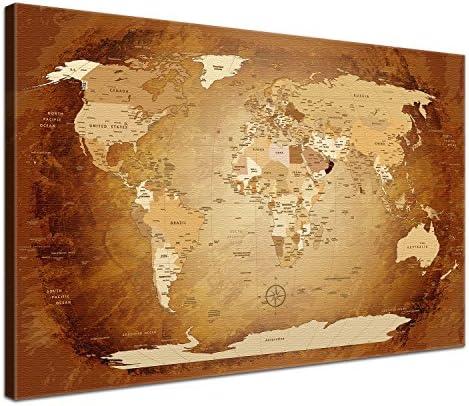 LanaKK World MAP Brown Colourful with Cork Back Pane Precious Canvas Picture Board for Globetrotters, brown, 120 x 80 cm, one piece by LanaKK