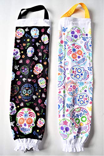 One Plastic Bag Holder, Sugar Skulls or Peace Signs,Retro Cool Metallic Peace Signs,Colorful Rainbow Colored Day of the Dead Bag Holders