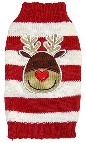 MaruPet New Year Doggie Ribbed Halloween Two-leg Sweater Knitwear Turtleneck Striped Elk Printed Christmas Cotton Vest Top for Teddy, Chihuahua, Shih Tzu, Yorkshire Terriers, Golden Retriever Red M