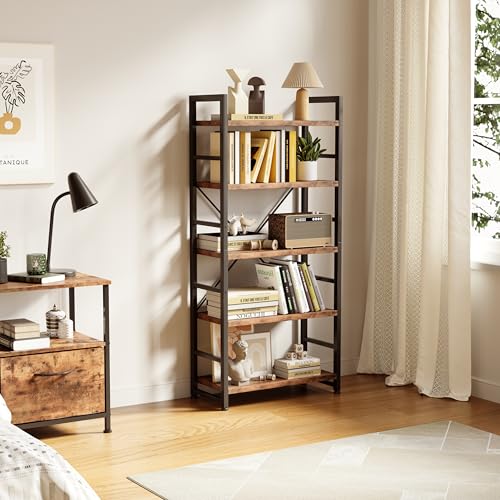 VERMESS Industrial Bookshelf, 5-Tier 24inch Shelving Unit Wood Bookcase with Open Shelves, Standing Bookshelves Metal Frame Display Rack for Living Room,Bedroom, 24.8 * 11.8 * 63 inch，Rustic Brown