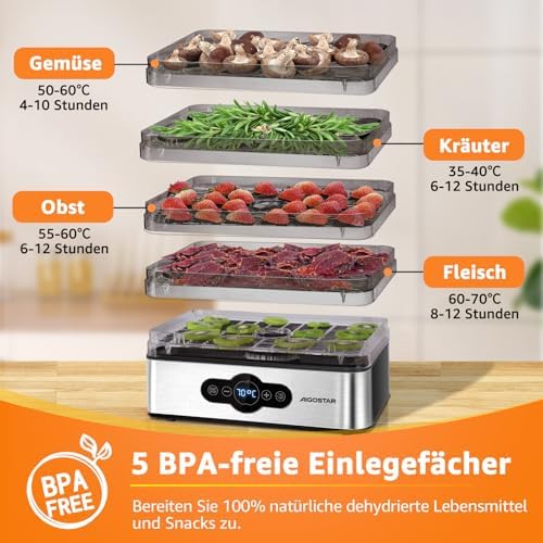 Crispy - Dörrautomat, Dörrgerät mit Temperaturregler, 240W, 35-70°C, 99h-Timer, 5 Einlegefächer, Dörrautomat Edelstahl für Fleisch, Obst, Gemüse, Dehydrator - BPA frei