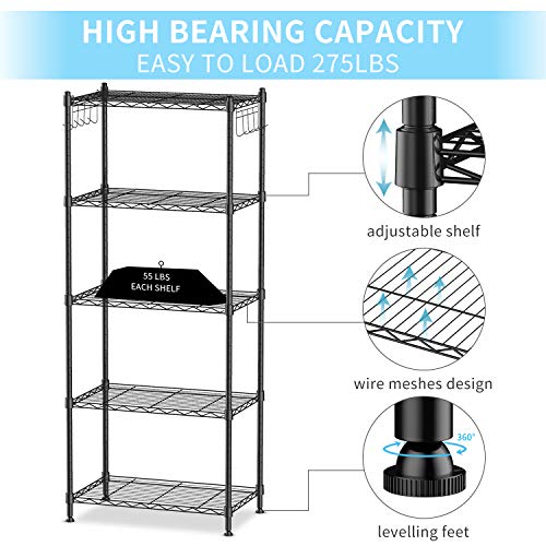 ALVOROG 5-Shelf Shelving Storage Unit Heavy Duty Metal Organizer Wire Rack with Leveling Feet and Hooks Adjustable… - Image 5