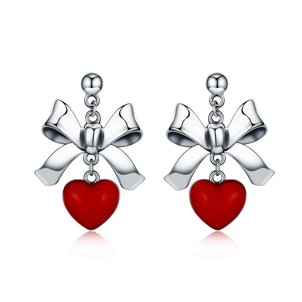 Silver Red Heart Sweet New 100% 925 Sterling Silver Red Heart with Bowknot Female Stud Earrings for Women Sterling Silver jewellery