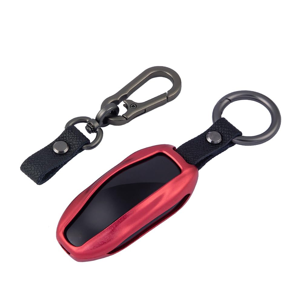 ISDORE Premium Tesla Key Fob Cover - Aircraft Aluminum Flip Case with Leather Keychain - Compatible with Tesla Model S & 3 (Red)
