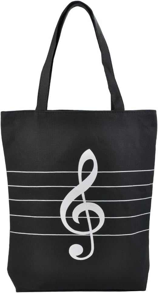 PUNK Music High Note Treble Clef Pattern Cotton Handbag Shopper Grocery Bags Kids Students Reusable Tote Carrying Books Snacks Food Lunch Dinner Box 40.5x36.5x9cm (Black)