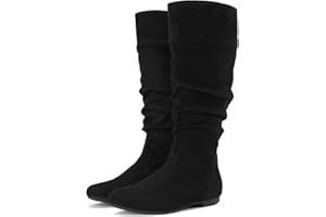 Rollda SUEDI Women's Slouchy Knee High Boots Pull On Flat Boots Side Zipper Fall Boots for Women