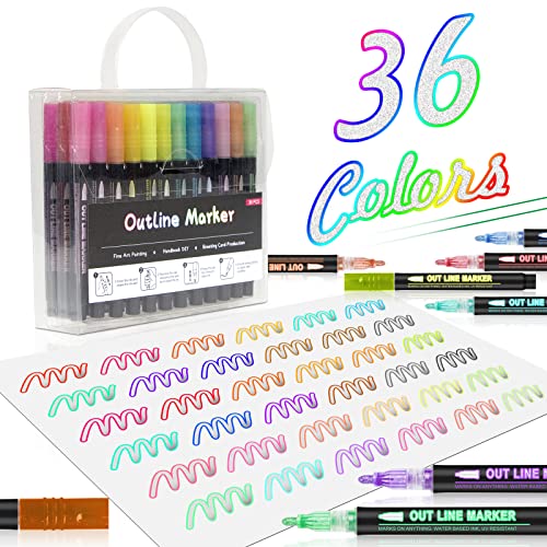 36 Pack Double Line Outline Markers, Squiggles Shimmer Markers Set, Self Outline Metallic Glitter Marker Pens for Christmas,Art, Drawing, Writing, Greeting Cards, DIY, Scrapbook, Easter Eggs,Crafts