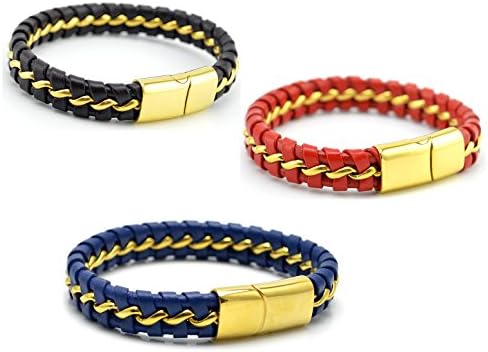Aisue Exquisite Men's Lady's Gold Curb Chain Interwoven Black Red Braided Wrap Genuine Leather Bracelet Outdoor Wristband, 3 Colors for Choice (3 Pieces Set)