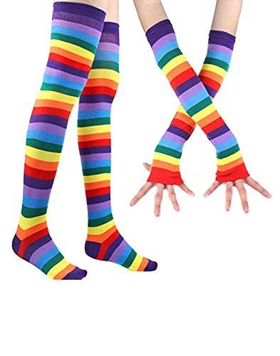 Womans Rainbow Stripe Knee Thigh High Socks and Long Arm Warmer Fingerless Gloves for Man Kids (SET A)
