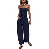 LAMISSCHE Womens Casual Strapless Jumpsuits off the Shoulder Summer Rompers Sleeveless One Piece Outfits with Pockets