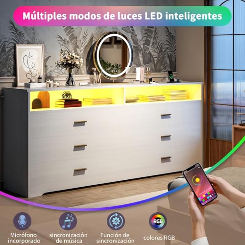 Simple Wisdom Cajonera para Recamara,Comoda Cajonera para Recamara con Toma de Corriente y Luz Led,Cajoneras de Madera,con 6 Cajones de Madera de Almacenaje y 2 Estantes Abiertos,Cajoneras.(Blanco)