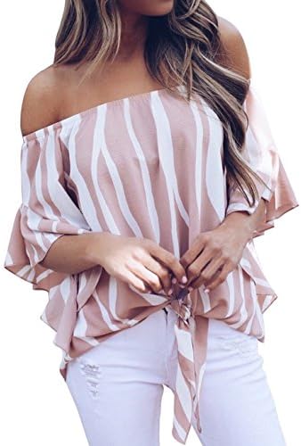 Shawhuwa Womens Vertical Stripes Off Shoulder Tie Knot Casual Chiffon Blouse Tops