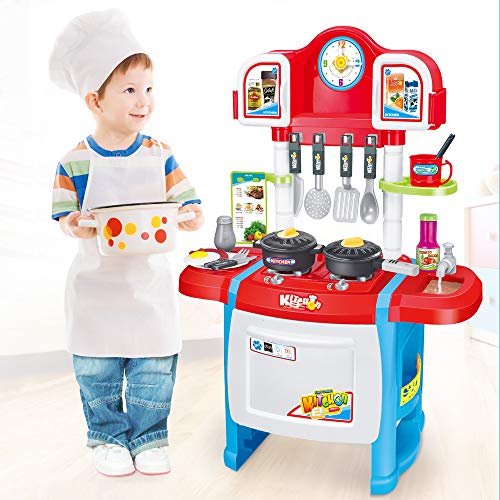 deAO Mein kleiner miniatur Koch- Spielset, Rollenspiel mit Licht und Ton, Wassereffekten und Zubehör (Rot) – Bild 3
