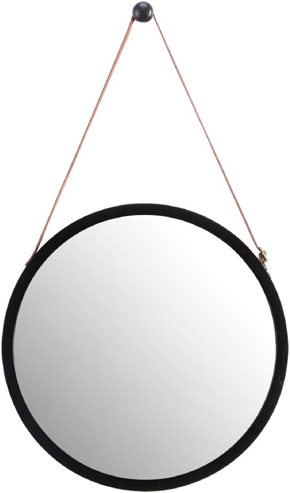 WILSHINE Small Black Round Wall Mirror with Frame for Entryway Living Room Office Modern Lightweight with Faux Leather Strap, 15”