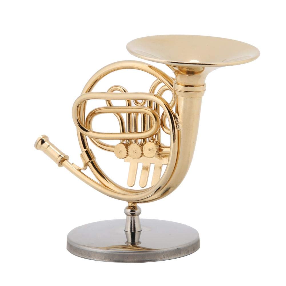 Exblue Miniature french horn ornament Delicated Golden Mini Instrument Ornament with Nice Case, and Decoration for Music Lover
