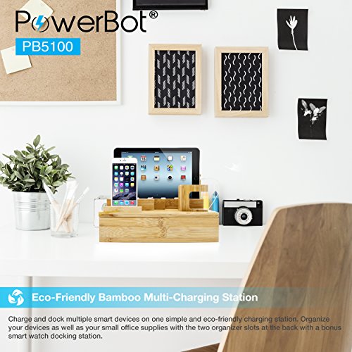 PowerBot PB5100 40Watt 8Amp 5 USB Port Rapid Charger Universal Desktop Charging Station w/Bamboo Finish, Multi Device Charging Dock, Organizer Stand for Tablets, Apple Watch, Smartphones up to 5.7"