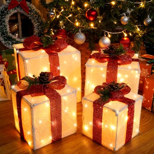 View 1 of **DAMAGED/DIRTY** SANHSEHOME 10"-8"-7"-6" Set of 4 Christmas Lighted Gift Boxes, 70 LED Stackable Light Up Present Boxes for Christmas Decorations Indoor Outdoor Yard Lawn Porch Home Decor(Red White Max. 10")