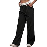 Floerns Women's Straight Leg Dressy Pants Color Block Mid Rise Trousers with Pocket