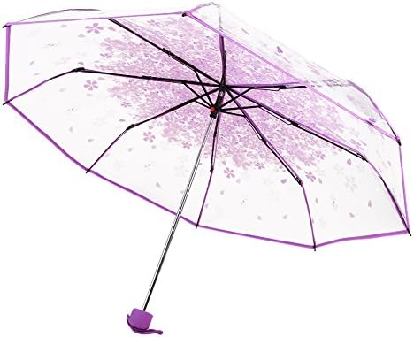 Cherry Folding Umbrella, V-mix Half-Automatic Transparent Clear Bubble Flower Dome Shape Rain Umbrella for Outdoor/Rain/Travel (Purple cherry)