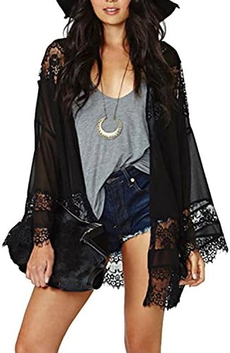 Sakya Women's Crochet Lace Mesh Patchwork Kimono Beach Cover up Blouses Top (Black)