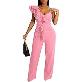 kaimimei Womens Casual Jumpsuits V-Neck Sleeveless Ruffle Backless Belted Wide Leg Pant Sexy Romper Party Clubwear