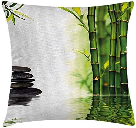 Spa Decor Throw Pillow Cushion Cover by, Bamboos Reflecting to the Water Near the Hot Black Massage Stones, Decorative Square Accent Pillow Case, 18 X18 Inches, Black Green and White