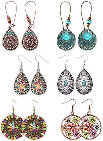 FUTTMI 6 Pairs Bohemian Vintage Dangle Earrings Metal Hollow Pendant Earrings Set Boho Chic Jewelry for Women Girls