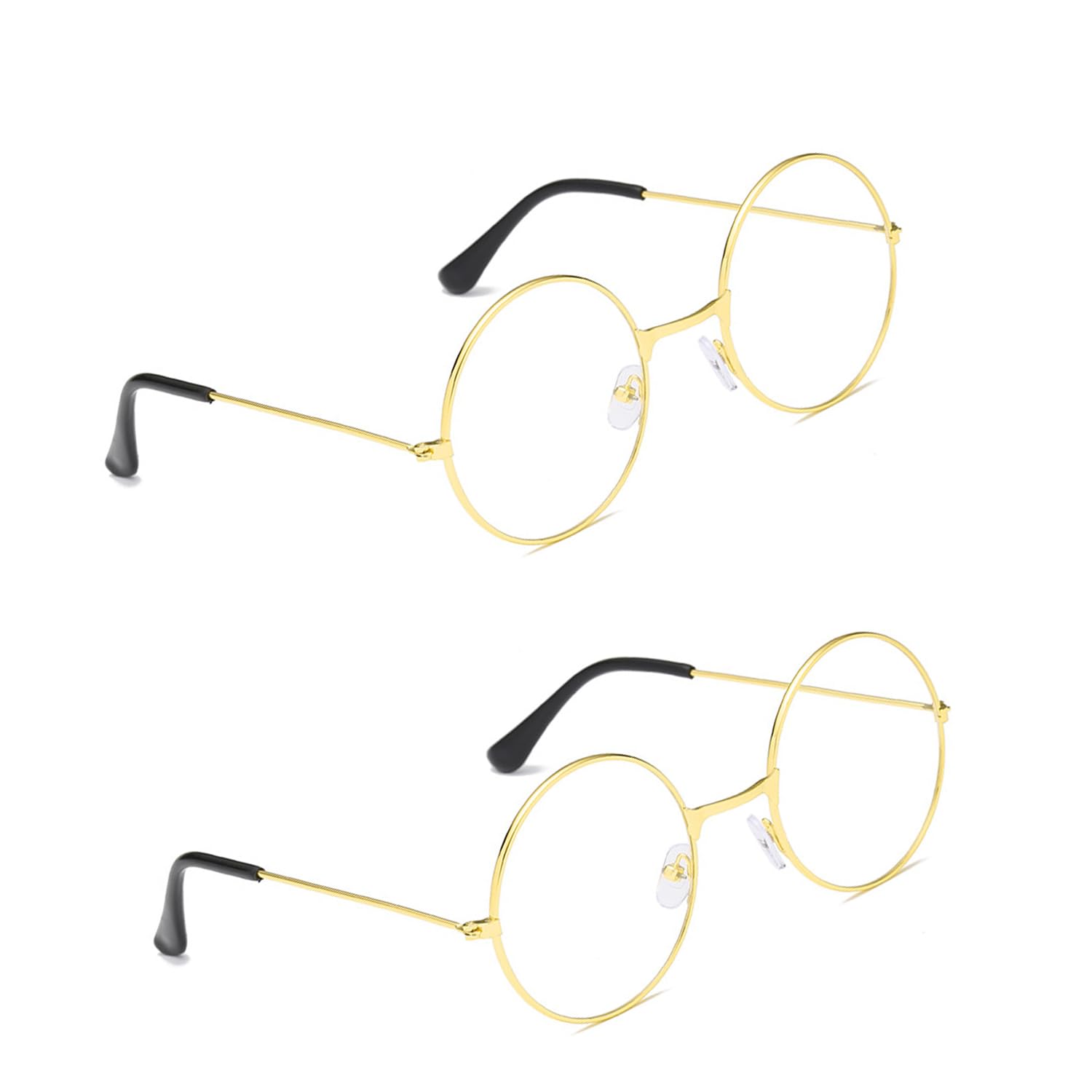 MFUOE 2 Pairs Fancy Dress Round Glasses Classic Retro Glasses with Gold Metal Frames and Resin Lens Cosplay Party Costume Accessories for Teenagers and Adults(Gold)