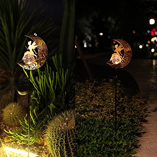 LCHPMY Garden Solar Lights, Metal Moon Fairy Solar Stake Lights with Crackle Glass Ball，Outdoor Decorative Lights Waterproof for Walkway, Yard, Lawn, Patio or Courtyard (1 Pack)