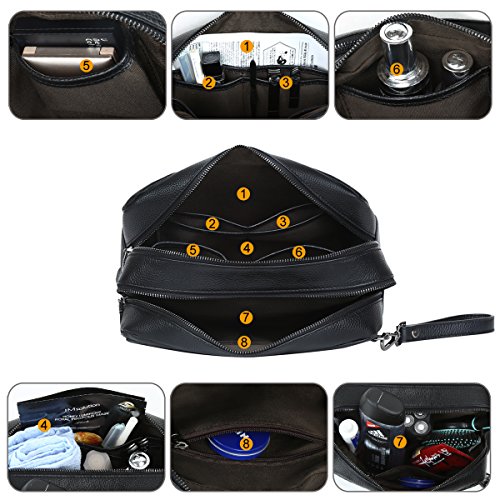 Leathario leather toiletry bag for men Travel Hanging genuine leather Two-layered storage sections organizer black