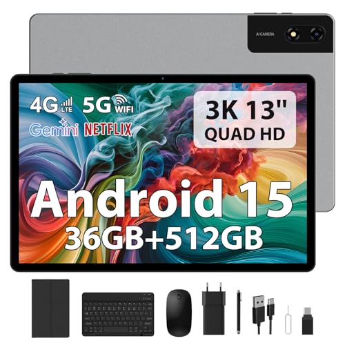 LEVIRTU Tablet 13 Zoll Android 15 Octa-Core 2.2GHz, 36GB RAM+512GB ROM (2TB TF), Dual SIM 4G LTE+5G WiFi, 11580mAh 18W PD, 2944x1840 FHD, Widevine L1,