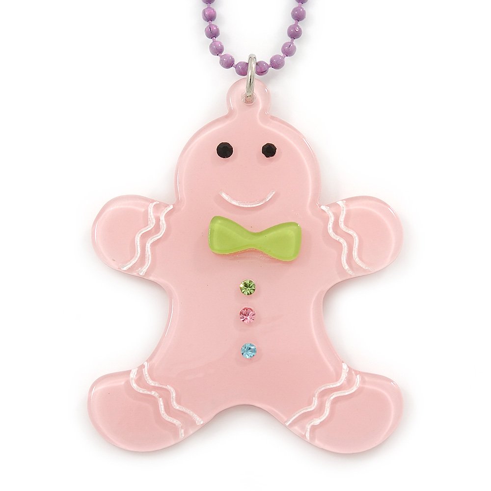 Avalaya Light Pink Acrylic Gingerbread Pendant With Lilac Beaded Chain - 44cm L