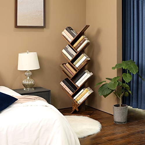 VASAGLE Tree Bookshelf, 9-Tier Bookcase, Large Bookshelf, Space-Saving Corner Shelf, Book Tree, Holds Books, CDs, Games, for Bedroom, Living Room, Home Office, Rustic Brown ULBC11BX